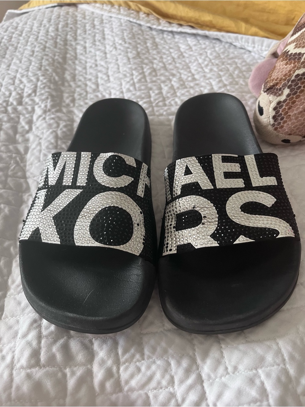 Michael Kors Black and White Logo Crystal Slide Sandals - women’s 6